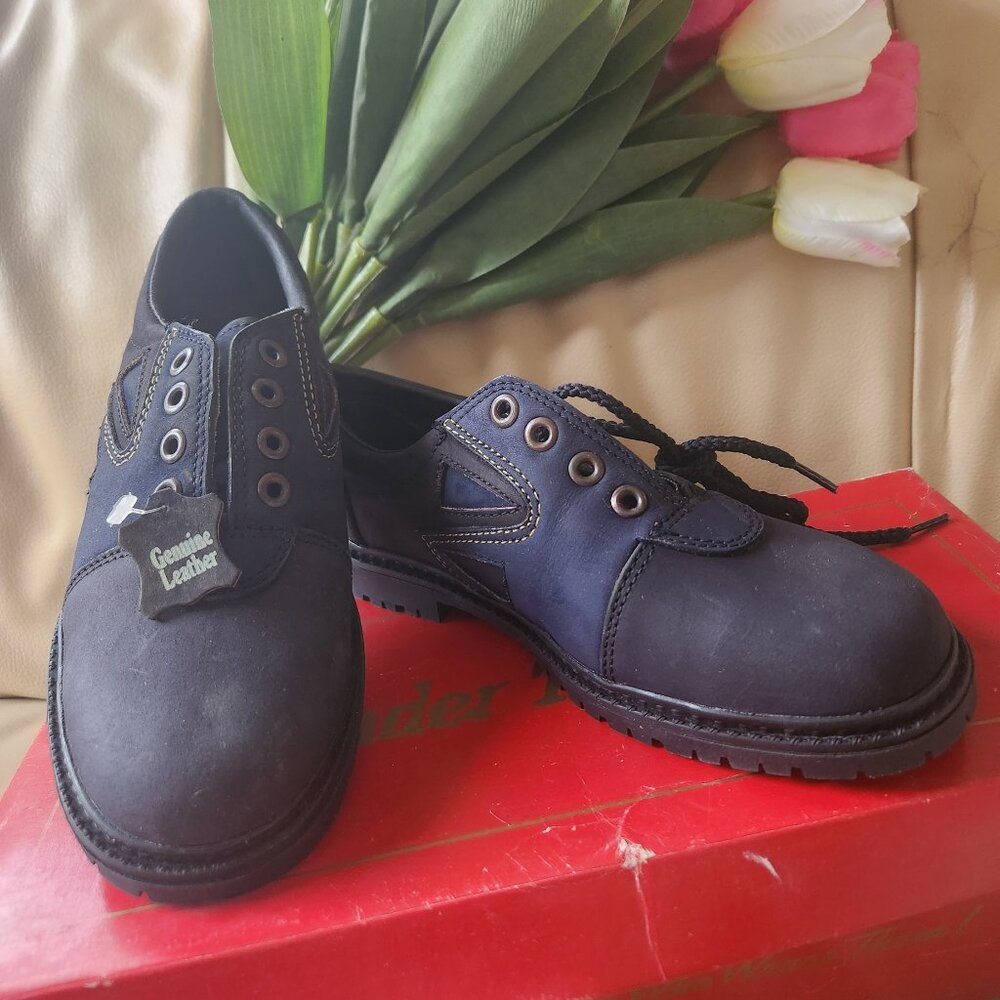 S40 new boys funky leather 2 tone laceup shoes big tread Sz 2 Rooster Brand 9" L